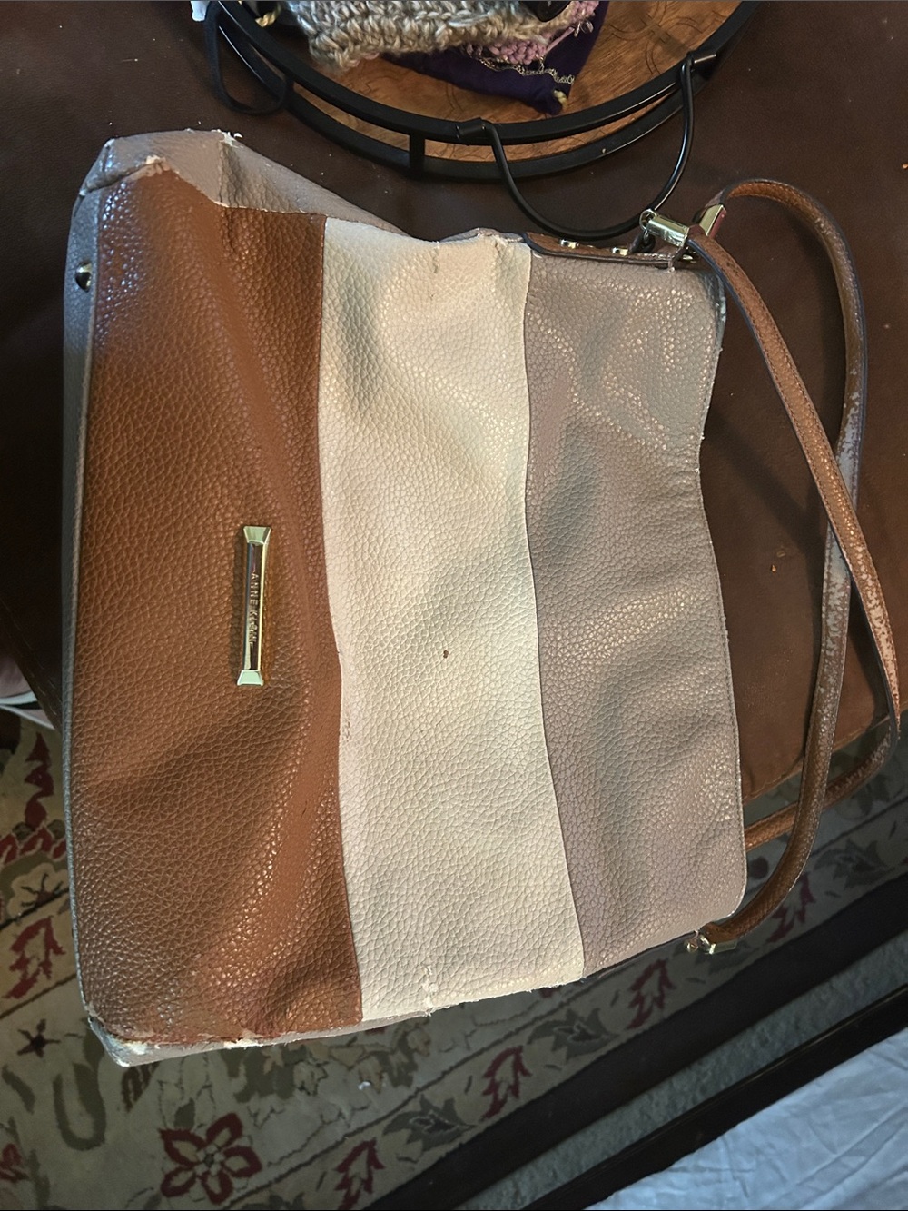 Anne Klein Tri-Tone Brown, Cream & Taupe Leather Shoulder Bag